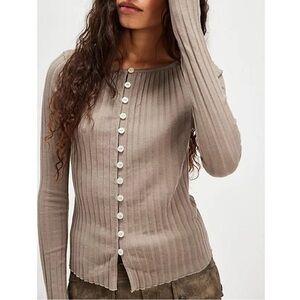 Free People Tilly long Sleeves Ribbed Cardi in Mocha Brown NWOT